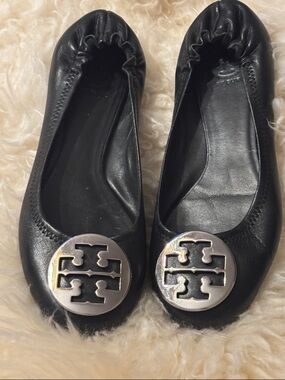 Tory Burch Black Leather Ballet Flats with Silver Logo Medallions